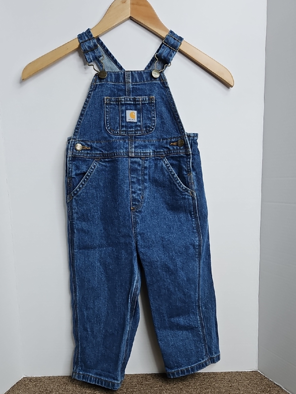 Carhartt Boys Blue Denim Jeans Overalls Logo Bib Sz 2T Child